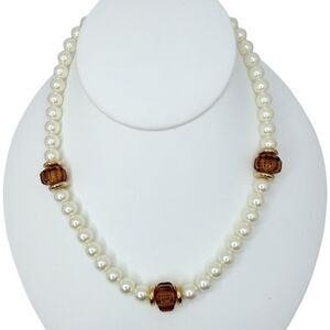 Faux Amber Glass Beaded Pearl Necklace 17" Gold Tone Element Girlcore Trendy